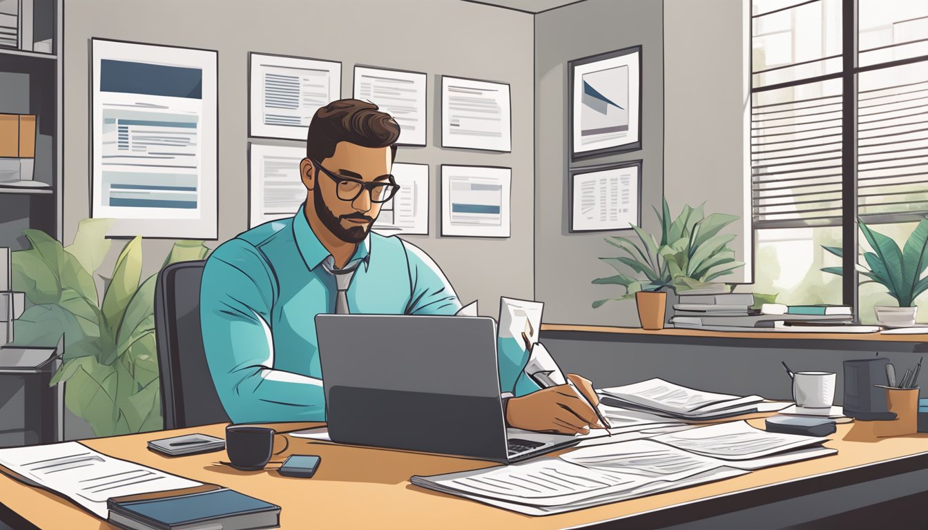 A business owner sits at a desk, reviewing loan options. Papers and a laptop are spread out, while a calculator and pen are nearby