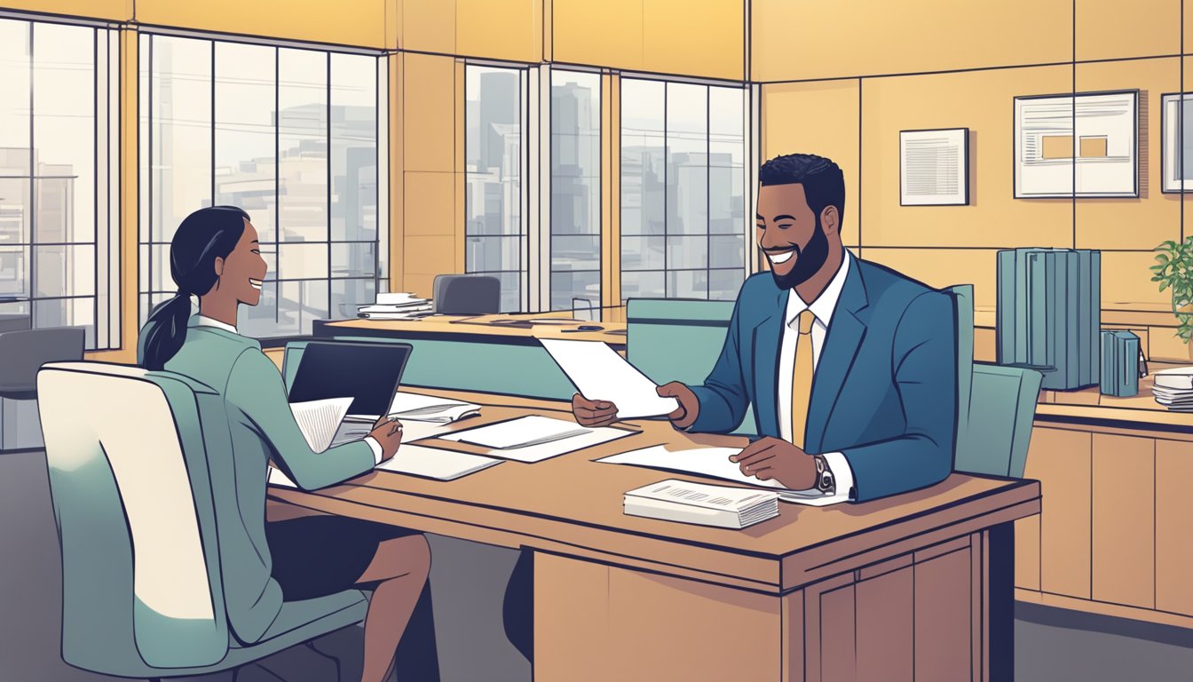 A business owner signing papers at a desk, with a bank representative smiling and shaking hands, symbolizing a successful SME loan application