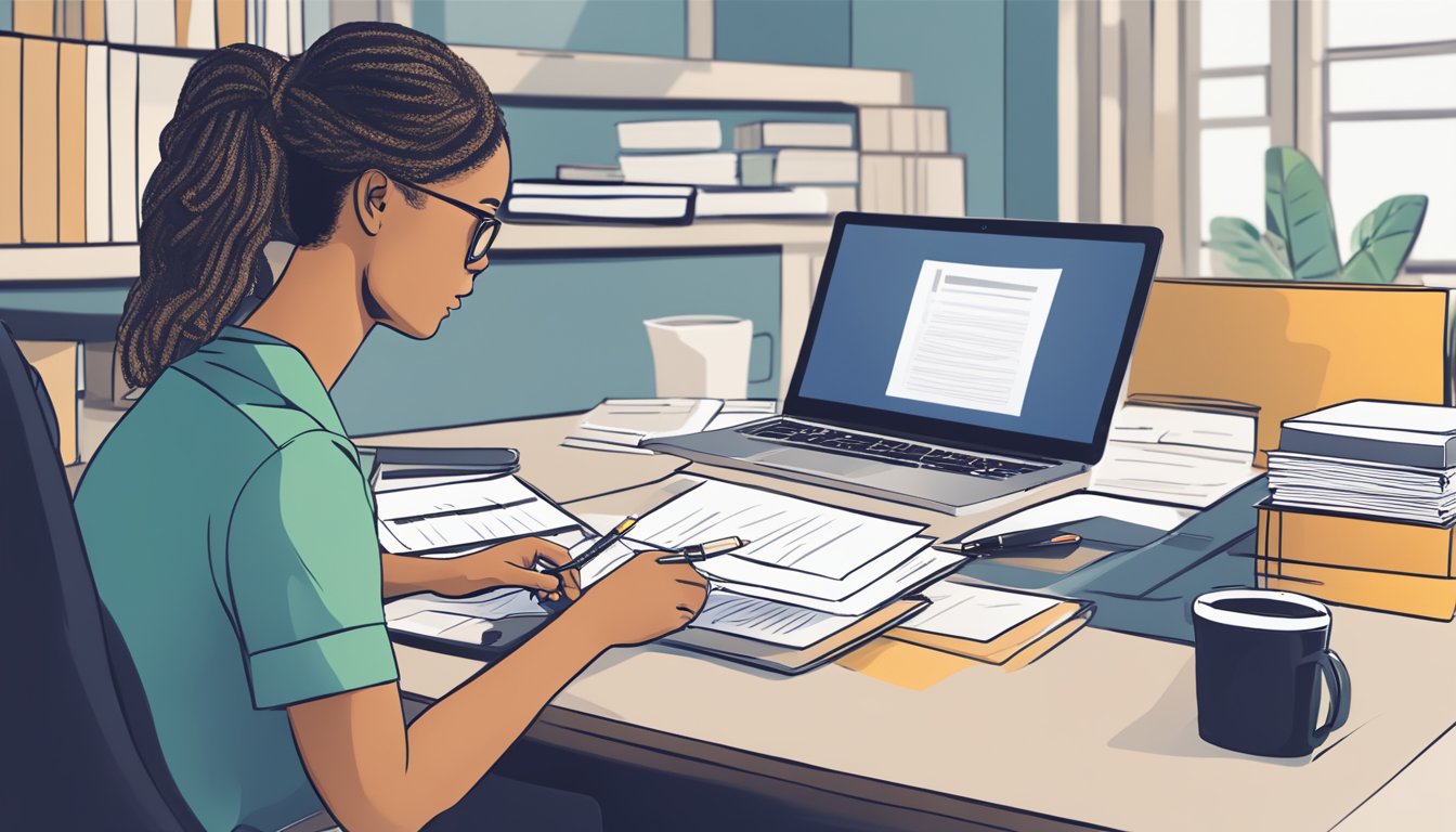 A person sitting at a desk, surrounded by paperwork and a laptop, comparing loan offers on Sg.Lendela.com. The person looks focused and determined, with a pen in hand ready to make notes