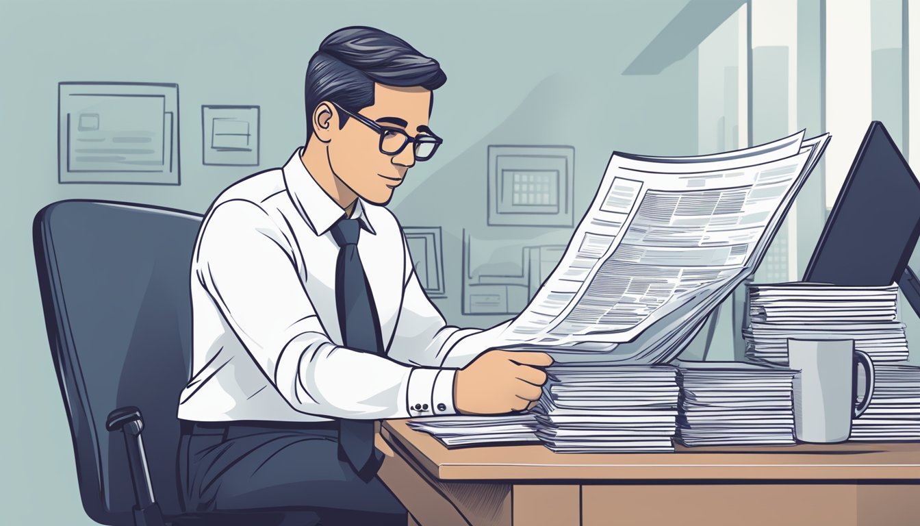 A businessman sitting at a desk, reviewing Fundlist.com.sg on his computer screen, with a stack of business loan documents beside him