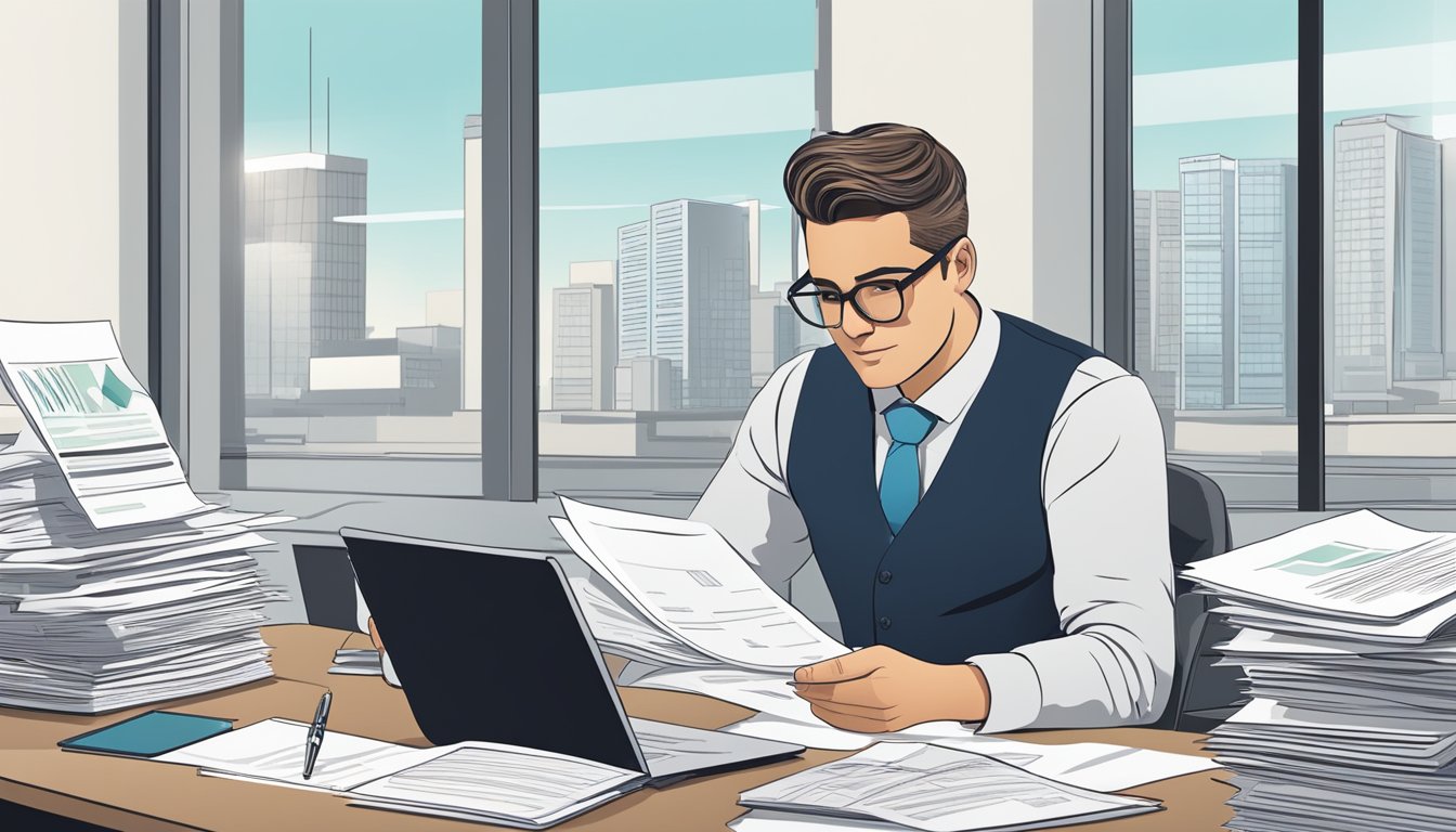 A business owner sits at a desk, reviewing documents and financial statements. A bank representative stands nearby, discussing loan options