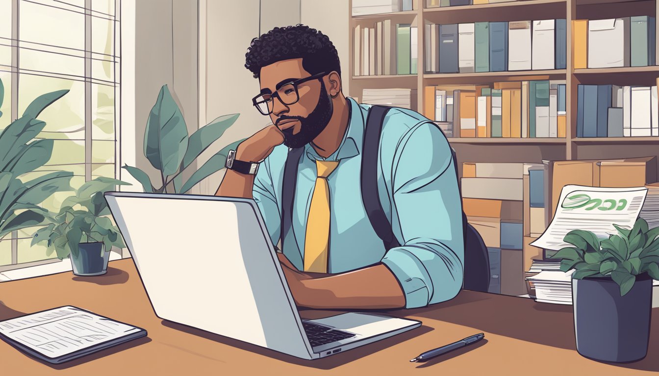 A business owner sits at a desk, reviewing loan application tips on Sg.Lendela.com. A laptop and paperwork are scattered around, with a focused expression on the owner's face