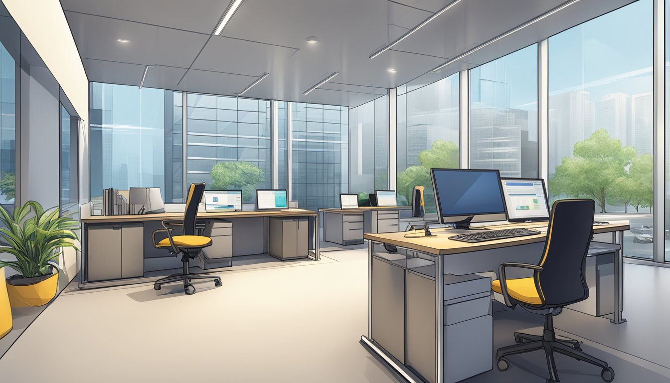 A modern office setting with a desk, computer, and paperwork, featuring the company logo "GB Helios Business Loan SG" prominently displayed