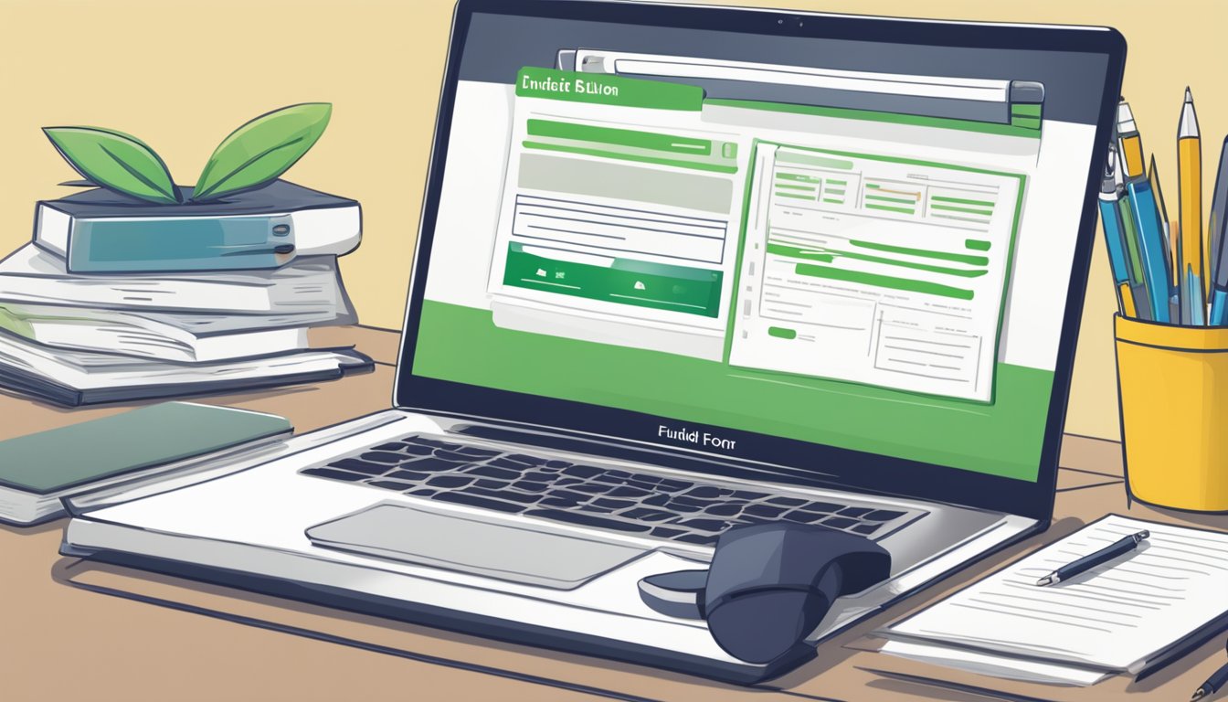 A laptop displaying Fundlist.com.sg website with a "Business Loans SG Review" application form open on the screen. A pen and paper with notes beside it