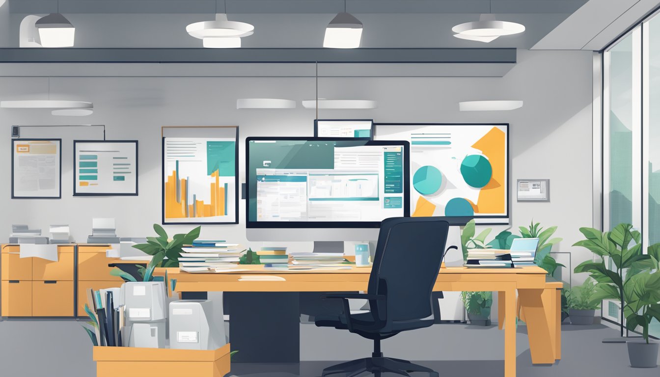 A modern office setting with a desk, computer, and paperwork scattered about. A sign with "GB Helios Business Loan SG Review" prominently displayed