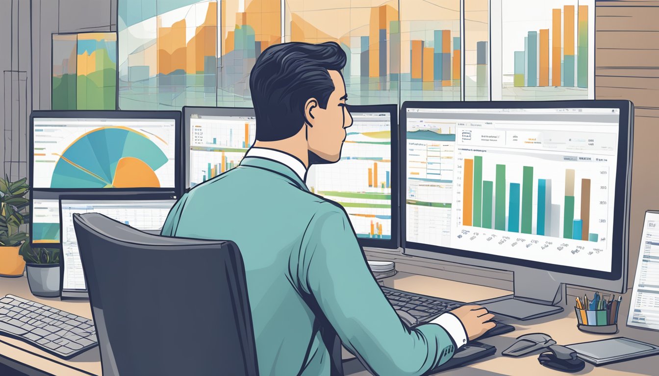 A businessman sits at a desk, reviewing Fundlist.com.sg on his computer. Charts and graphs are scattered around, showcasing financial data