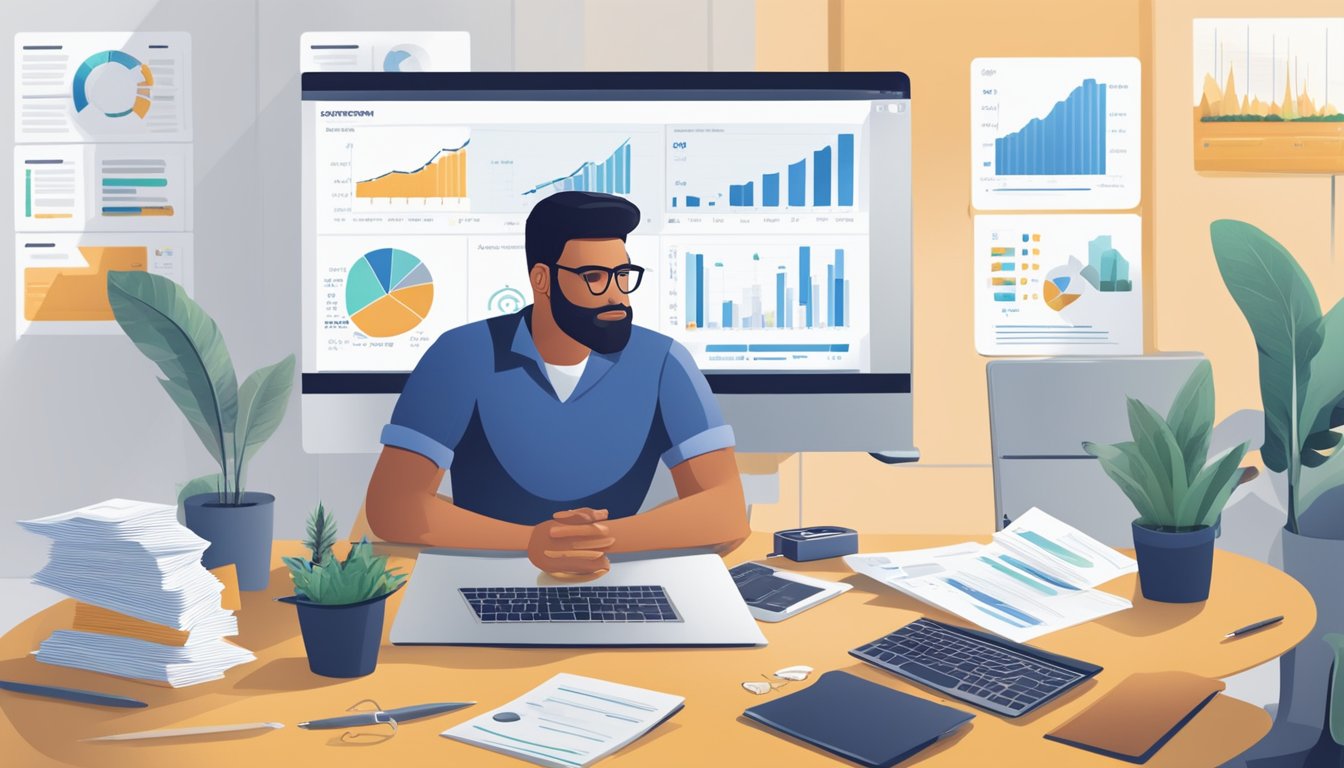 A business owner sits at a desk, surrounded by piles of paperwork and two laptops. On the screens, multiple loan offers from GB Helios are displayed, with charts and graphs showing interest rates and repayment terms