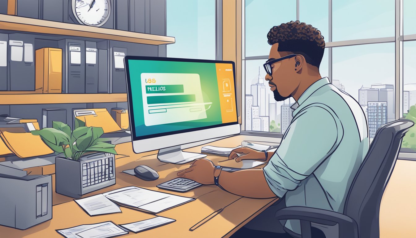 A business owner sits at a desk, reviewing loan eligibility criteria on a computer screen, with a GB Helios Business Loan SG logo in the background
