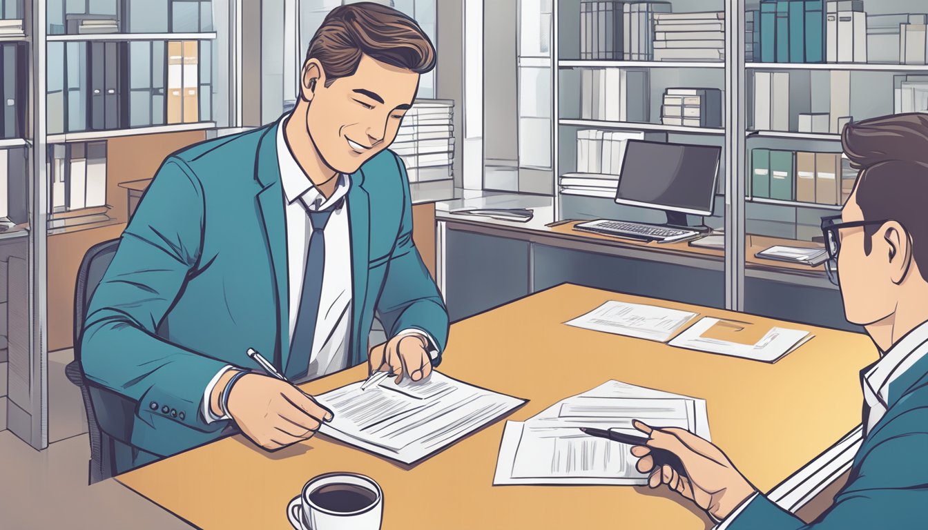 A businessman signs a contract with Fundlist.com.sg, shaking hands with a lender in a modern office setting