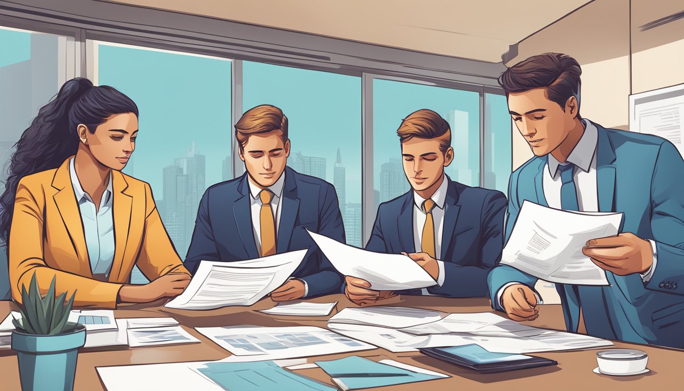 A group of business professionals reviewing documents and discussing a loan application for GB Helios
