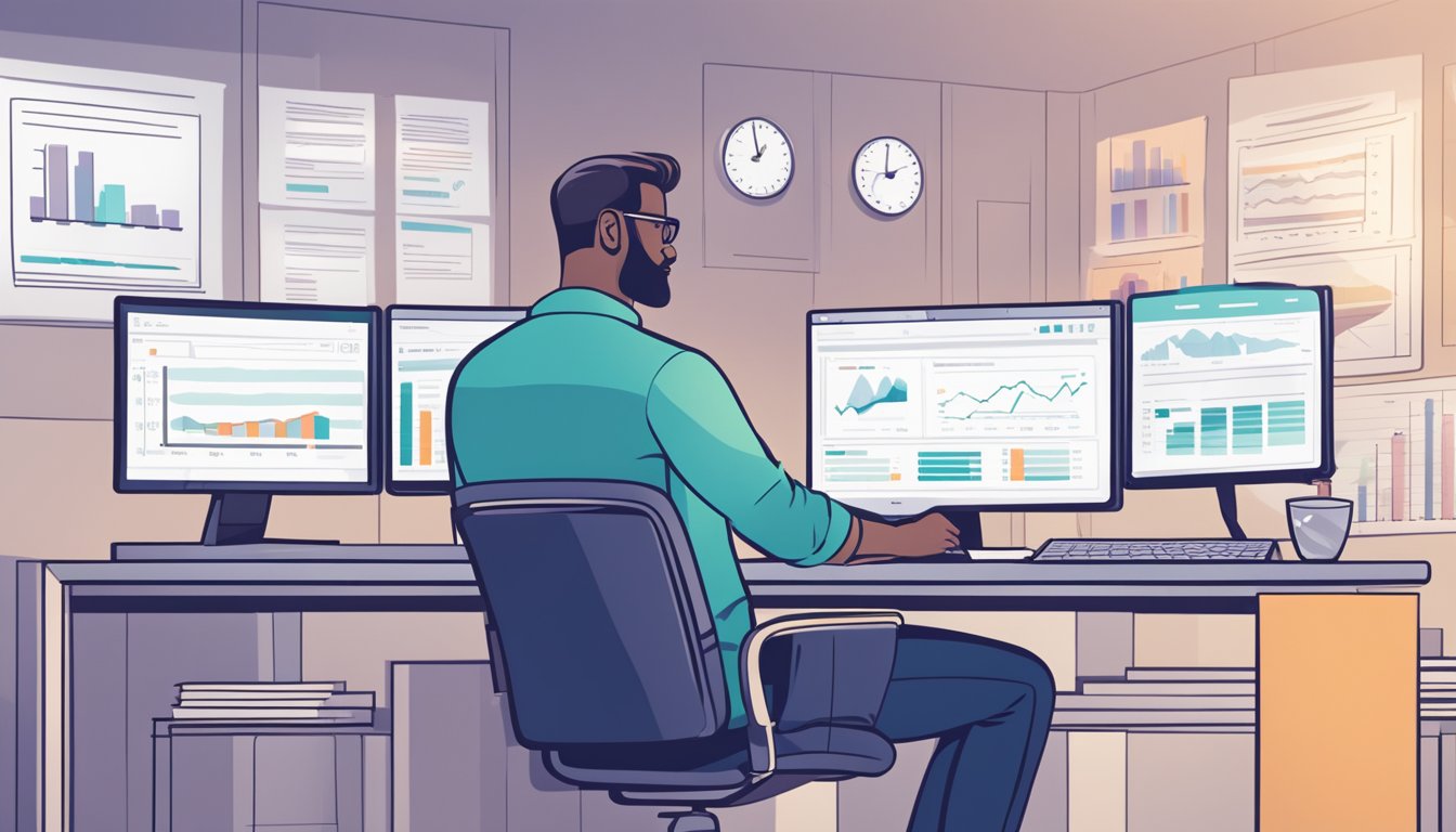A business owner sits at a desk, reviewing loan application tips on a computer screen. Charts and graphs are visible in the background, indicating financial analysis