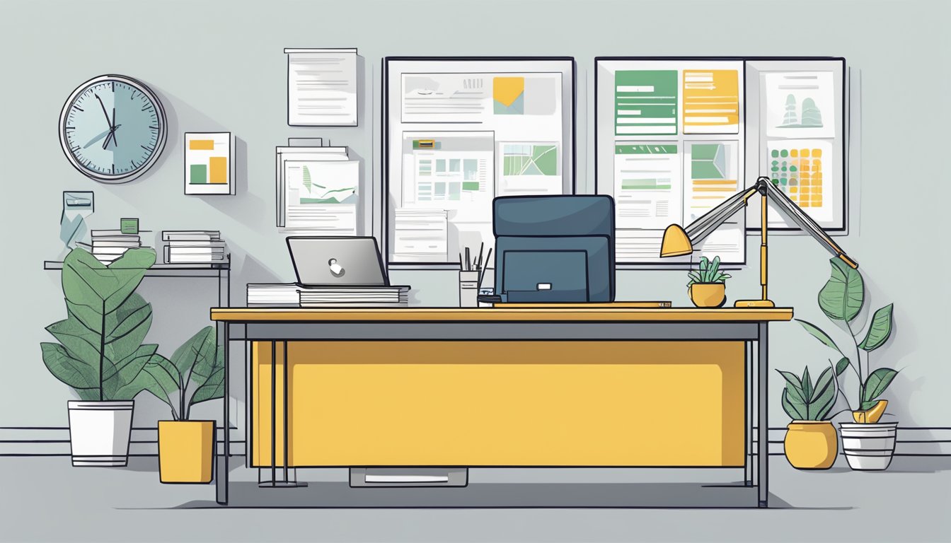 A modern office desk with a laptop, paperwork, and a pen. A sign with "GB Helios Business Loan SG Review" prominently displayed