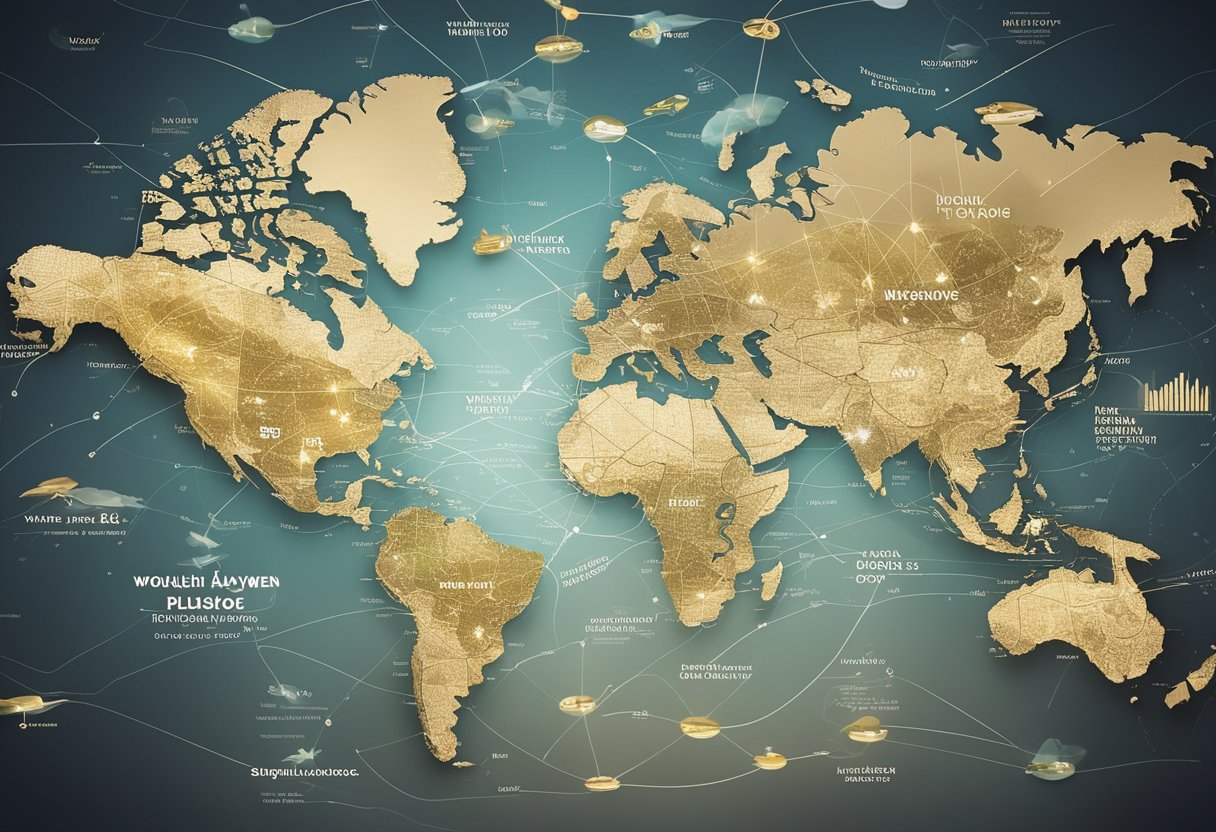 A world map with highlighted regions labeled as tax havens, surrounded by swirling arrows representing global financial flows