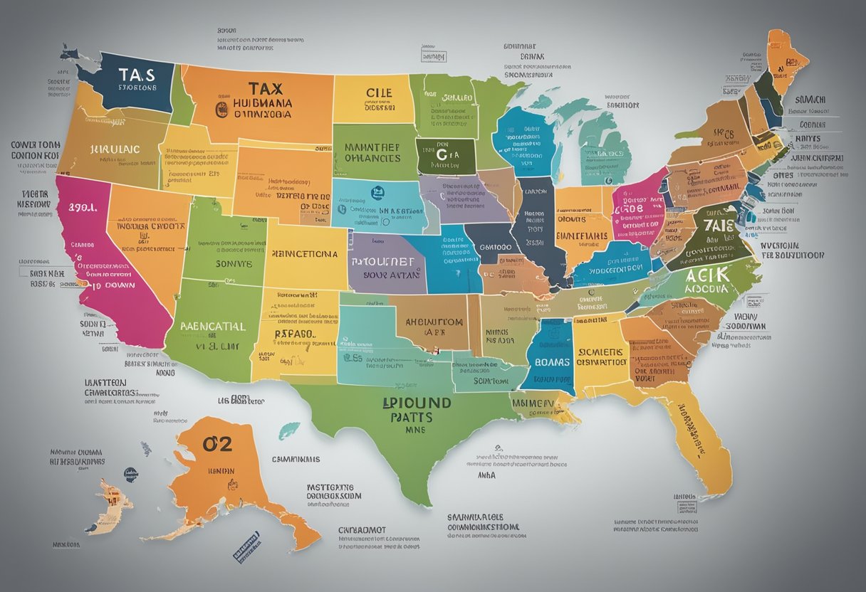 A map showing key tax jurisdictions with labeled characteristics. No human or body parts included