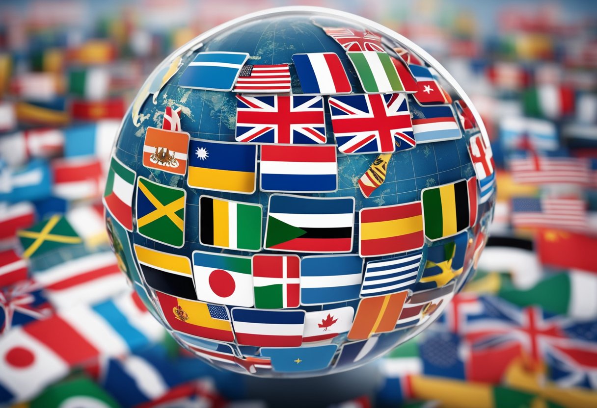 A globe surrounded by various flags representing different countries, with a magnifying glass focused on specific locations labeled as "tax havens."