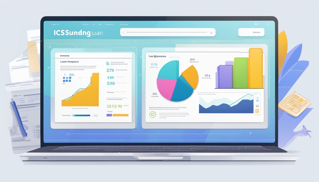 A laptop displaying ICSFunding.com.sg homepage with "Business Loan Singapore" highlighted. Graphs and charts show loan options