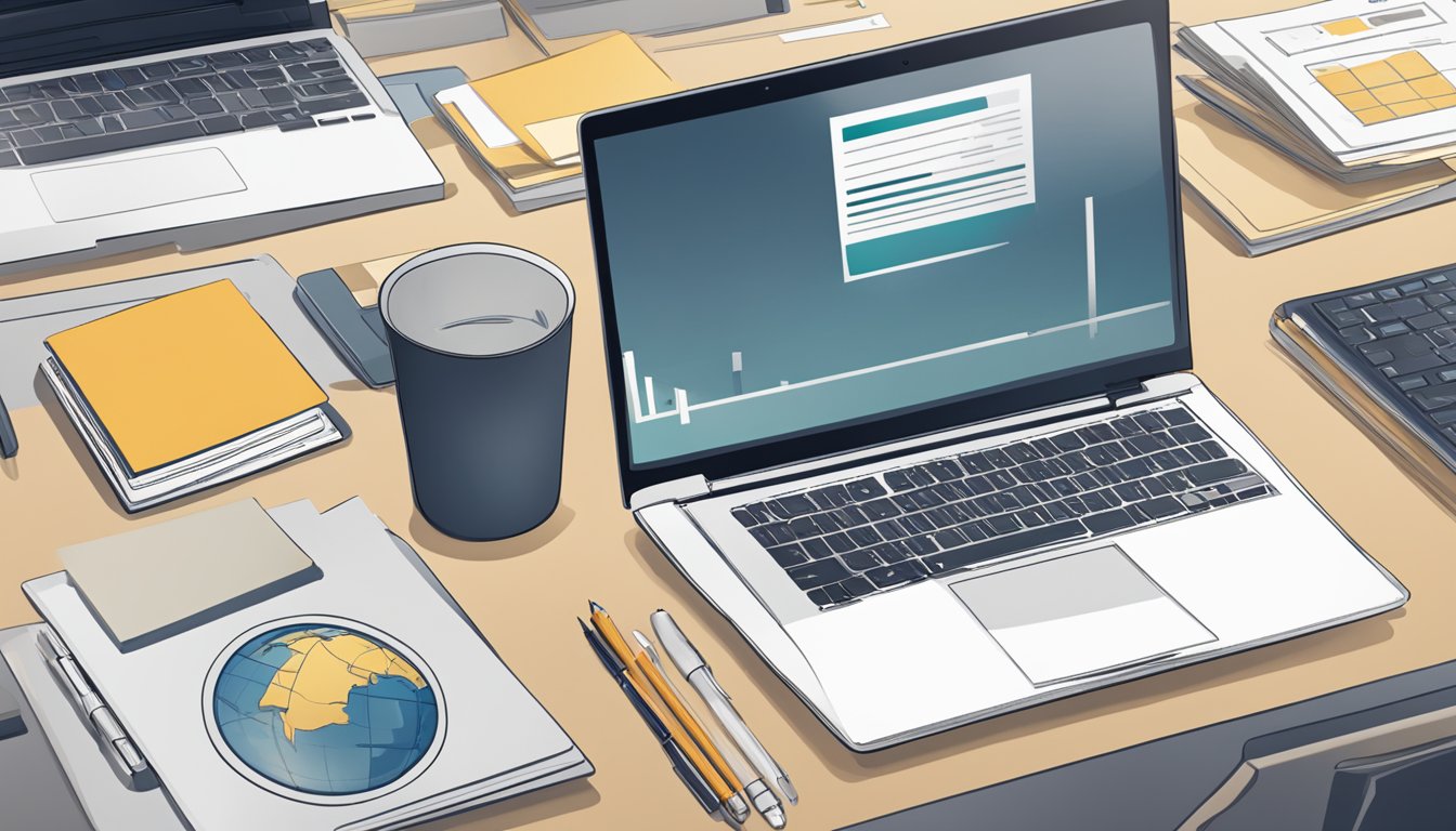 An office desk with a laptop, paperwork, and a pen. A logo of AtlasCapitalSG.com displayed on the laptop screen