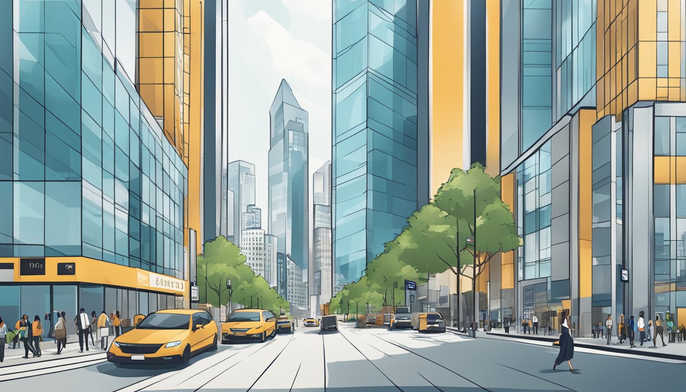 A bustling city street with modern skyscrapers in the background, a sleek and professional looking office building with the AtlasCapitalSG.com logo prominently displayed, and a line of business professionals entering and exiting the building