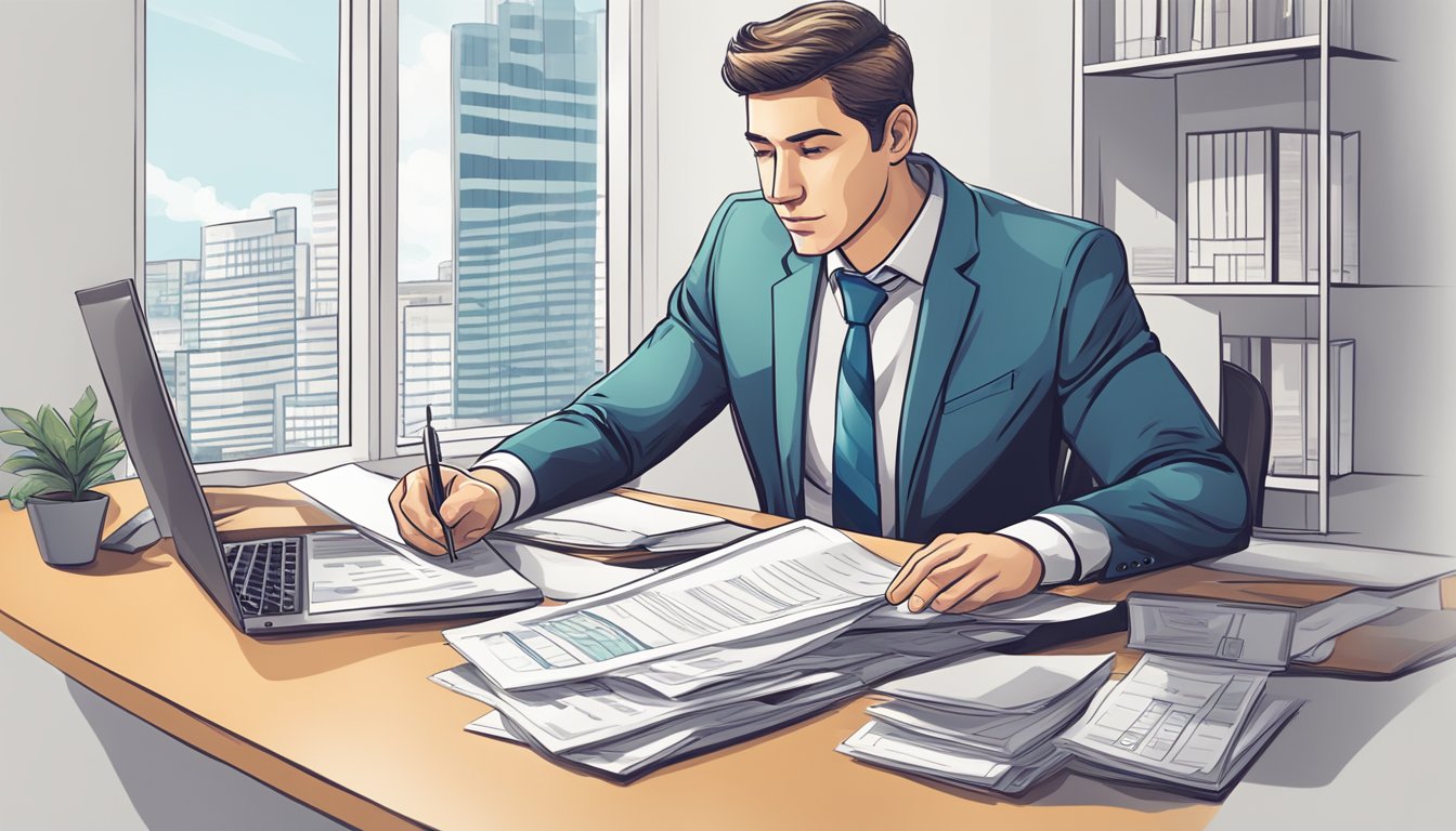 A businessman sitting at a desk, reviewing documents and financial statements while researching business loan options online