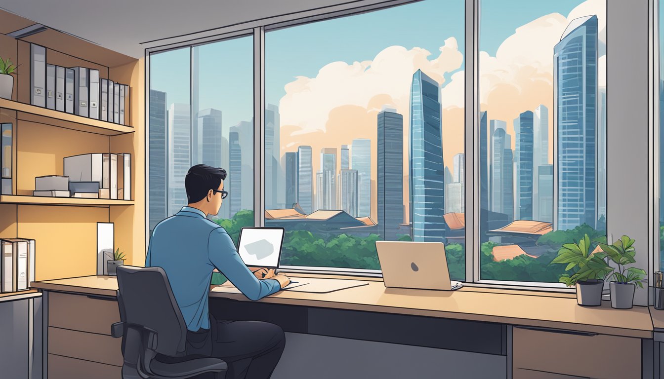 A business owner sits at a desk, reviewing ICSFunding.com.sg on their laptop. The Singapore skyline is visible through the window behind them