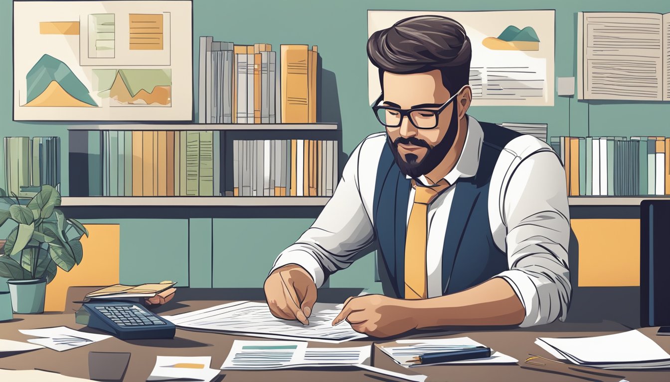 A business owner sitting at a desk, surrounded by financial documents and a laptop, while speaking to a bank representative about a loan application