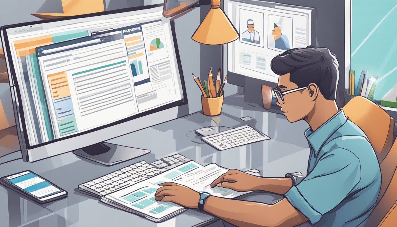 A business owner fills out an online loan application on AtlasCapitalSG.com, surrounded by financial documents and a computer