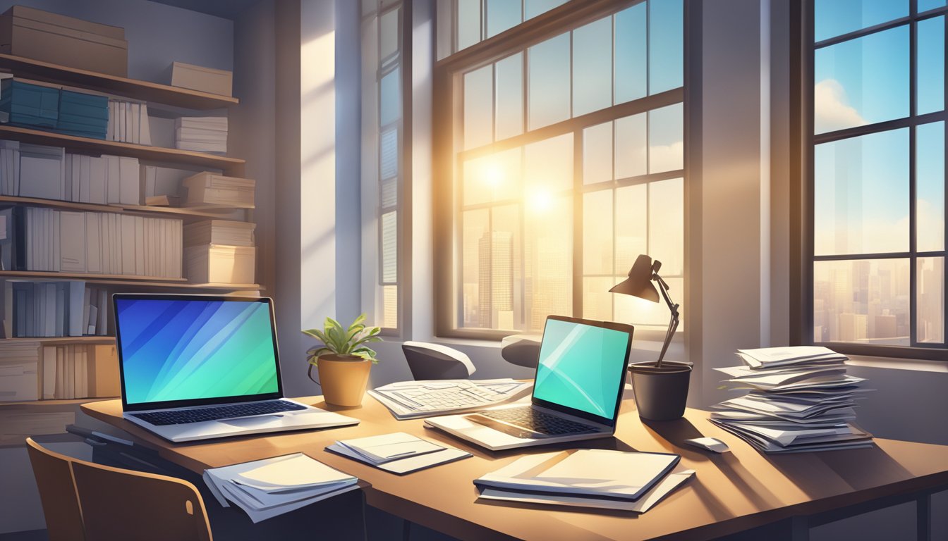 A cluttered desk with a laptop, paperwork, and a calculator. A business logo on the wall. Light shining through a window