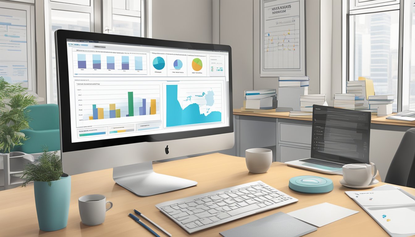 The scene depicts a computer screen displaying the website AtlasCapitalSG.com with a business loan review. The screen is surrounded by office supplies and a notebook with notes