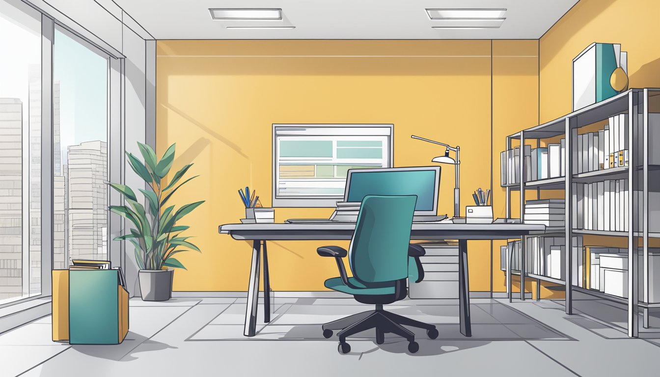 A sleek, modern office desk with a laptop open to SingBusinessLoan.sg website, a business loan brochure, and a pen