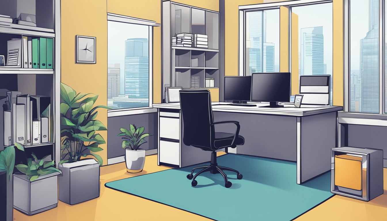 A modern office setting with a computer, desk, and business loan documents. A logo of SingBusinessLoan.sg prominently displayed