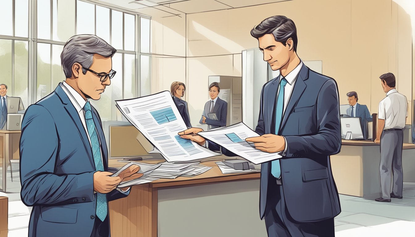 A businessman confidently presents financial documents to a bank manager, who reviews the paperwork with a stern expression