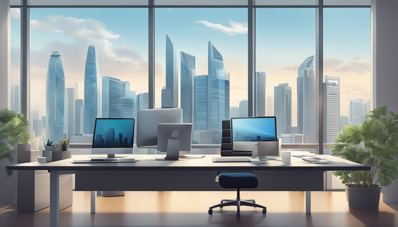 A modern office setting with a sleek desk, computer, and business loan documents. The Singapore skyline visible through a window