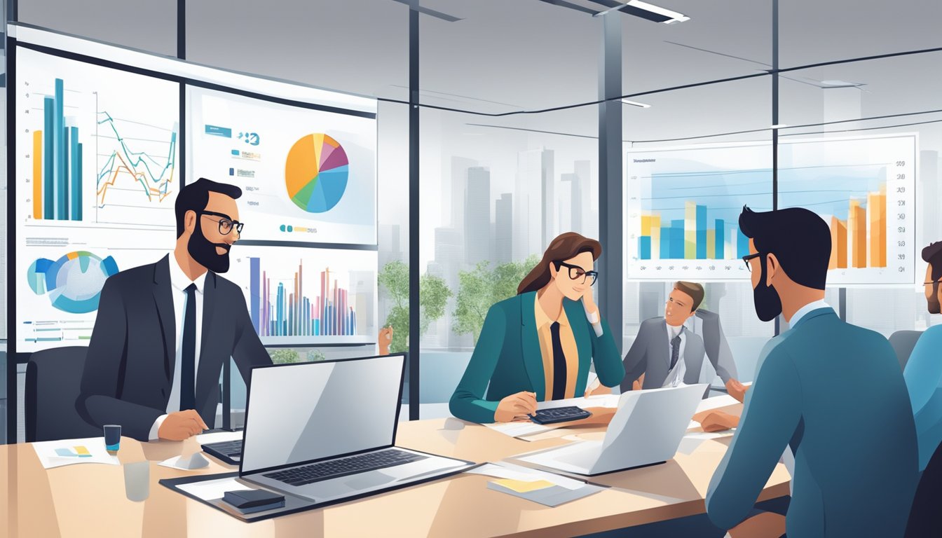A group of professionals discussing business loans at a modern office, with charts and graphs displayed on a large screen
