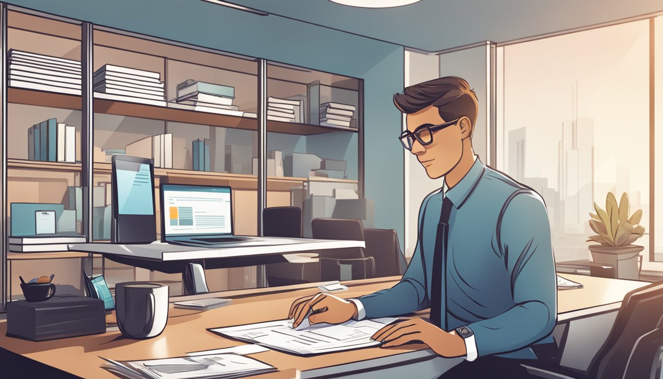 A modern office setting with a sleek desk, computer, and business documents. A professional-looking individual is discussing loan terms with a representative from SingCapital