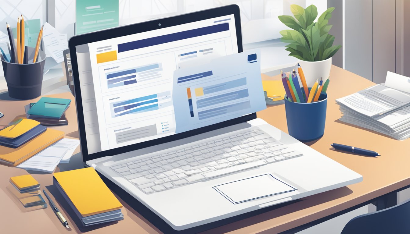 A laptop displaying Lendingpot.sg homepage with business loan options. A stack of documents and a pen on the desk next to it