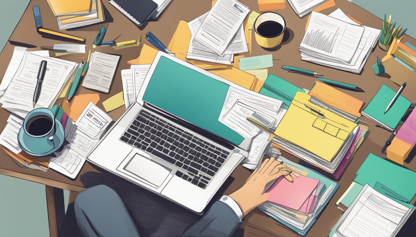 A desk cluttered with paperwork, a laptop open to a business loan website, and a person jotting down notes with a pen