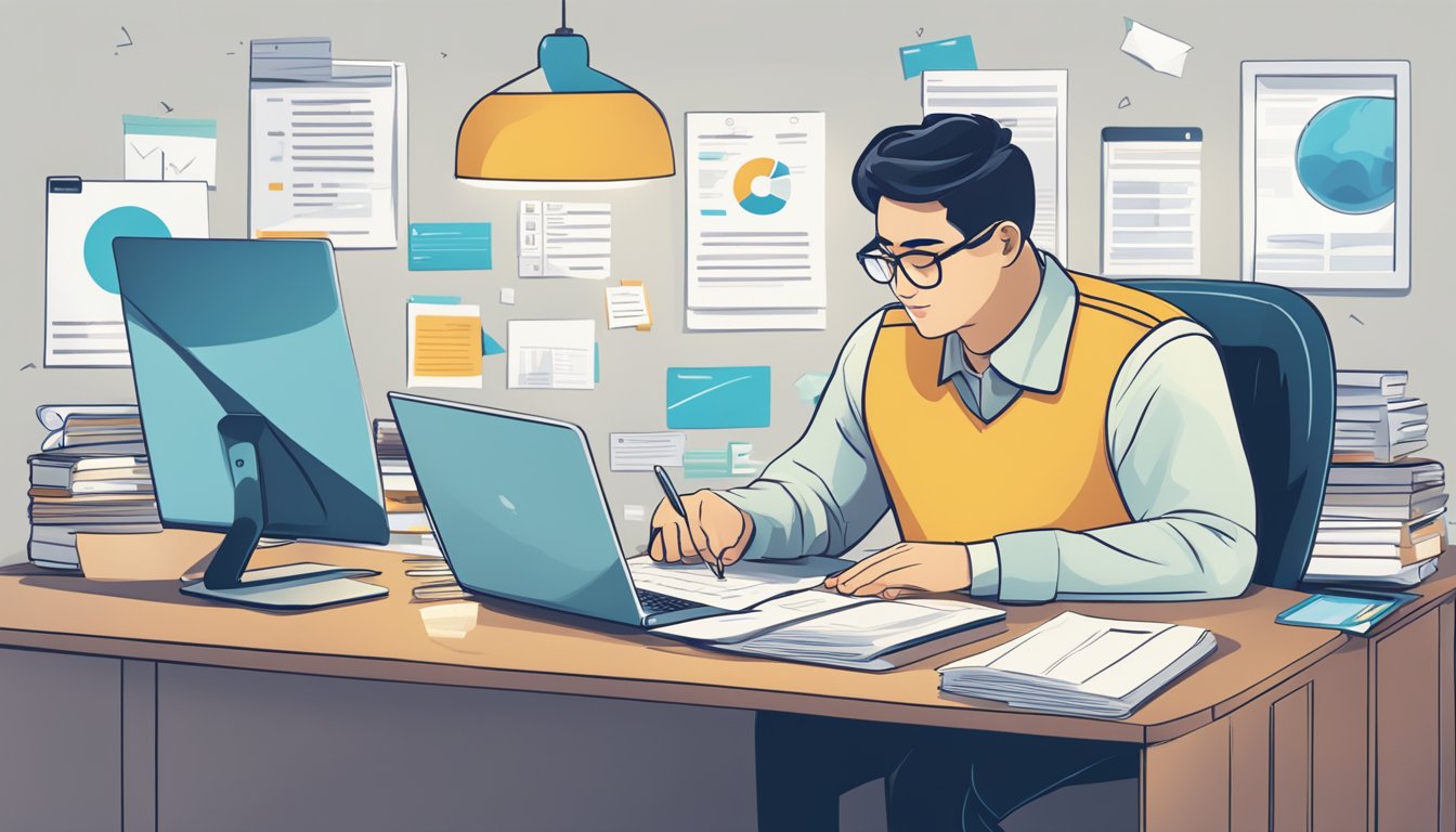 A person sitting at a desk, surrounded by paperwork and a laptop, comparing different loan offers from SingCapital Singapore