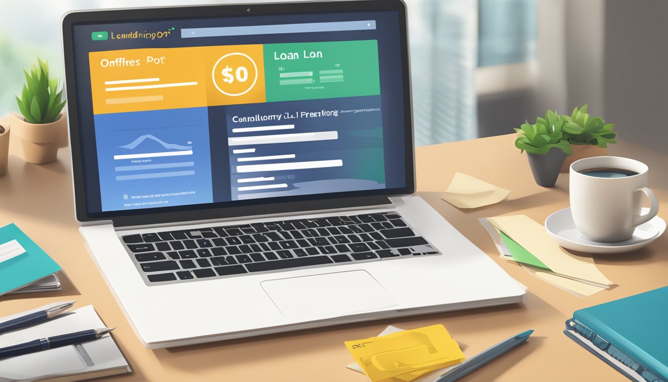 A laptop displaying Lendingpot.sg website with multiple loan offers. A calculator and paperwork scattered on a desk. Bright, natural lighting