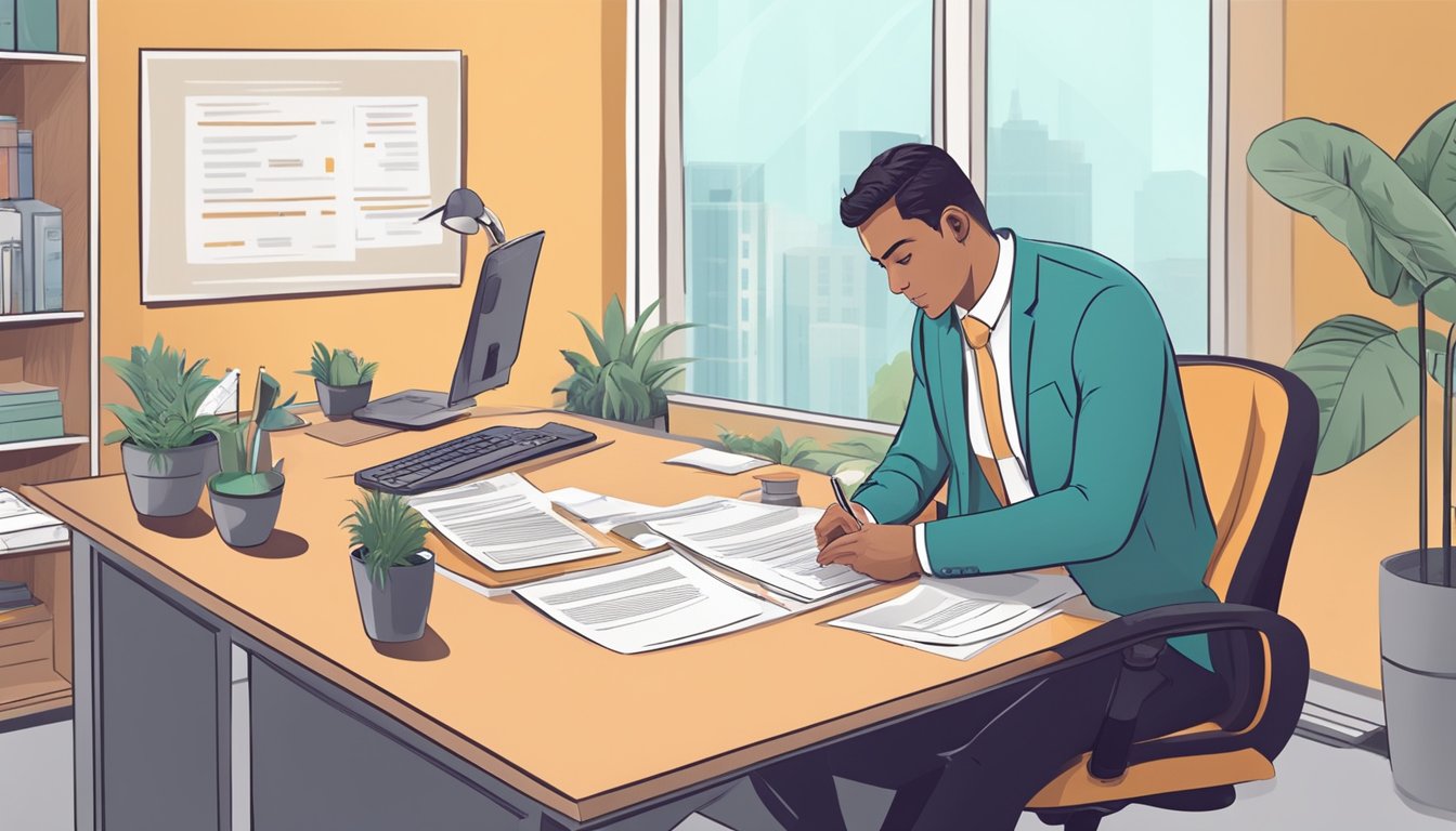 A business owner sits at a desk, filling out a loan application form. A bank representative reviews documents and discusses terms with the applicant