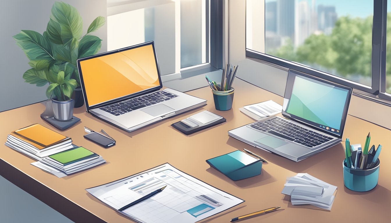 A modern office desk with a laptop, paperwork, and a pen. A business loan website displayed on the screen. Clean and professional setting
