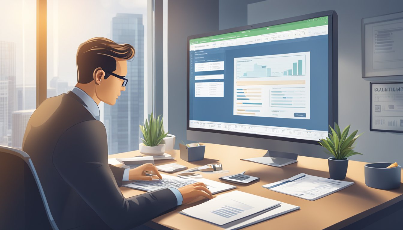 A business owner sits at a desk, reviewing loan eligibility criteria on a computer screen. A calculator and financial documents are spread out in front of them. The scene is set in a modern office with natural lighting