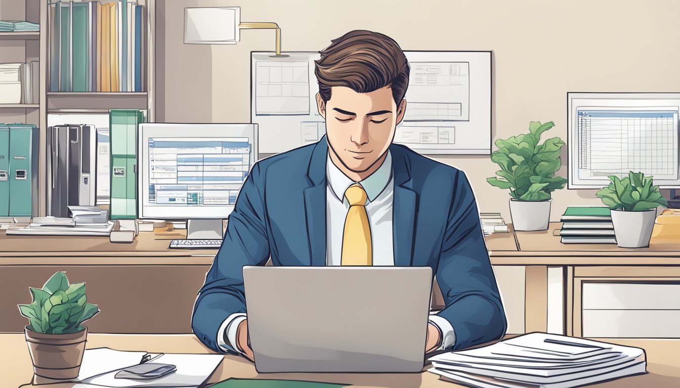 A businessman submits documents online for a business loan, with the SingCapital logo displayed on the computer screen