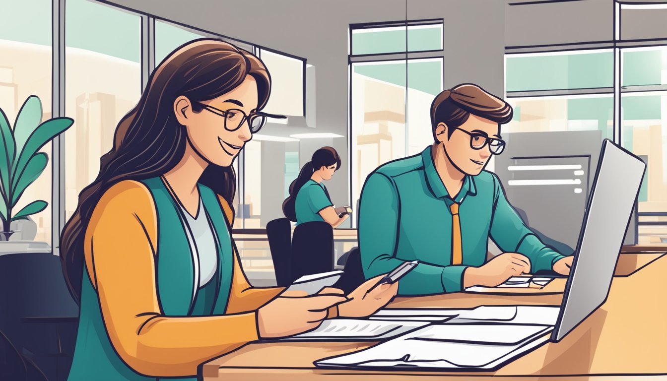 A business owner fills out an application form on Lendingpot.sg website, while a bank representative reviews the loan request