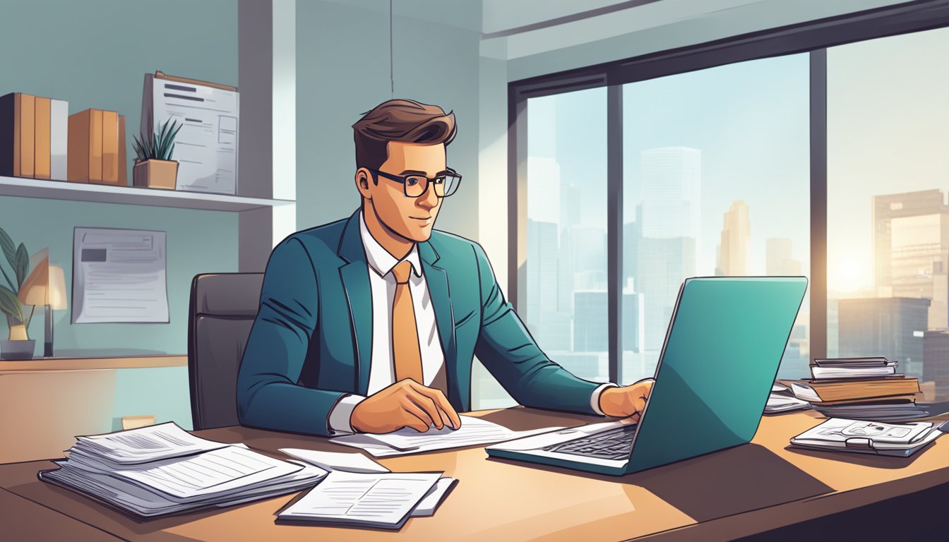 A businessman sits at a desk, reviewing loan application tips. A laptop and documents are spread out in front of him. The room is well-lit and professional