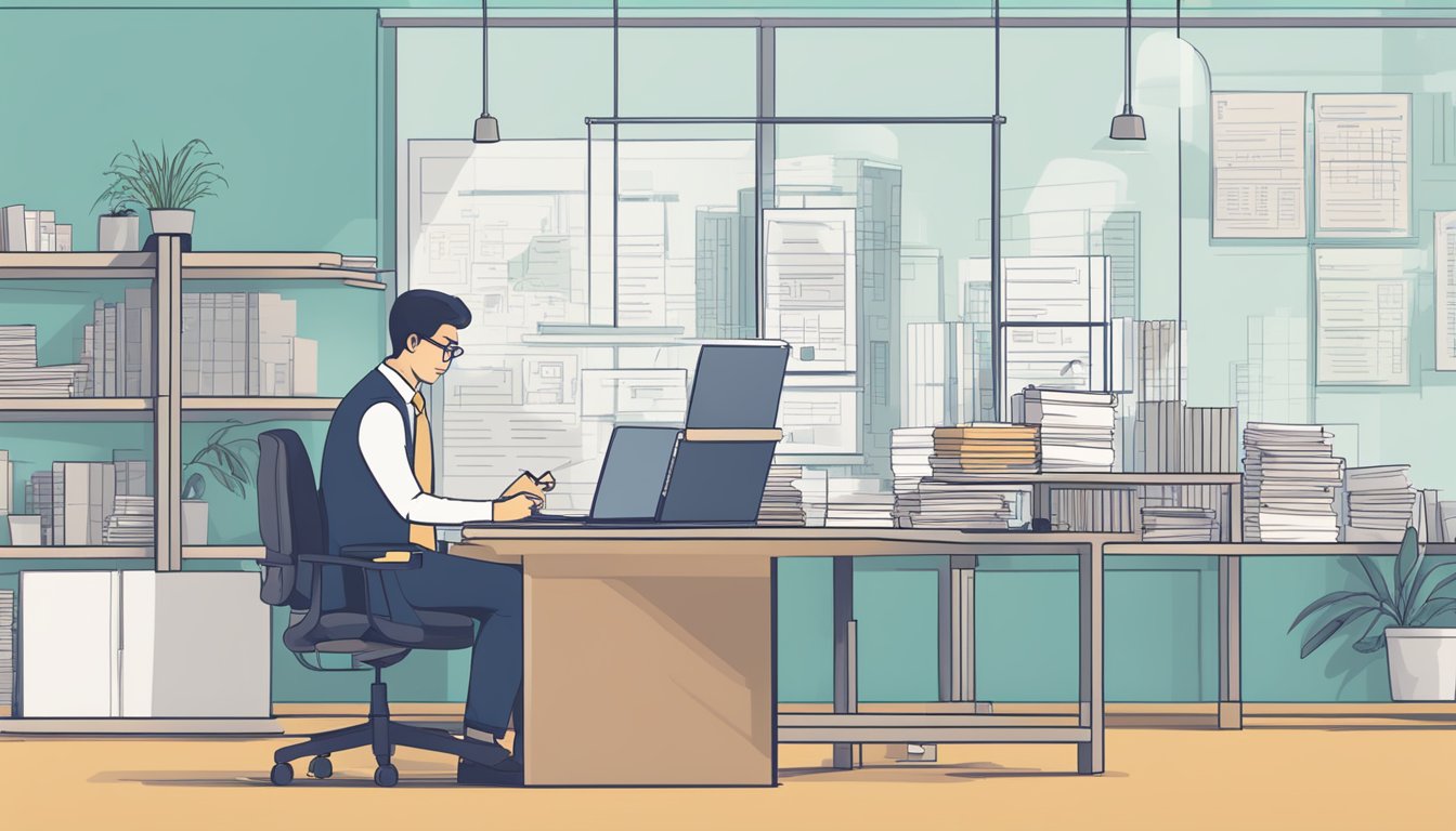 A businessman sits at a desk, reviewing documents and making notes. A laptop and calculator are nearby, with a sign for "Lendingpot.sg Business Loans SG Review" visible in the background