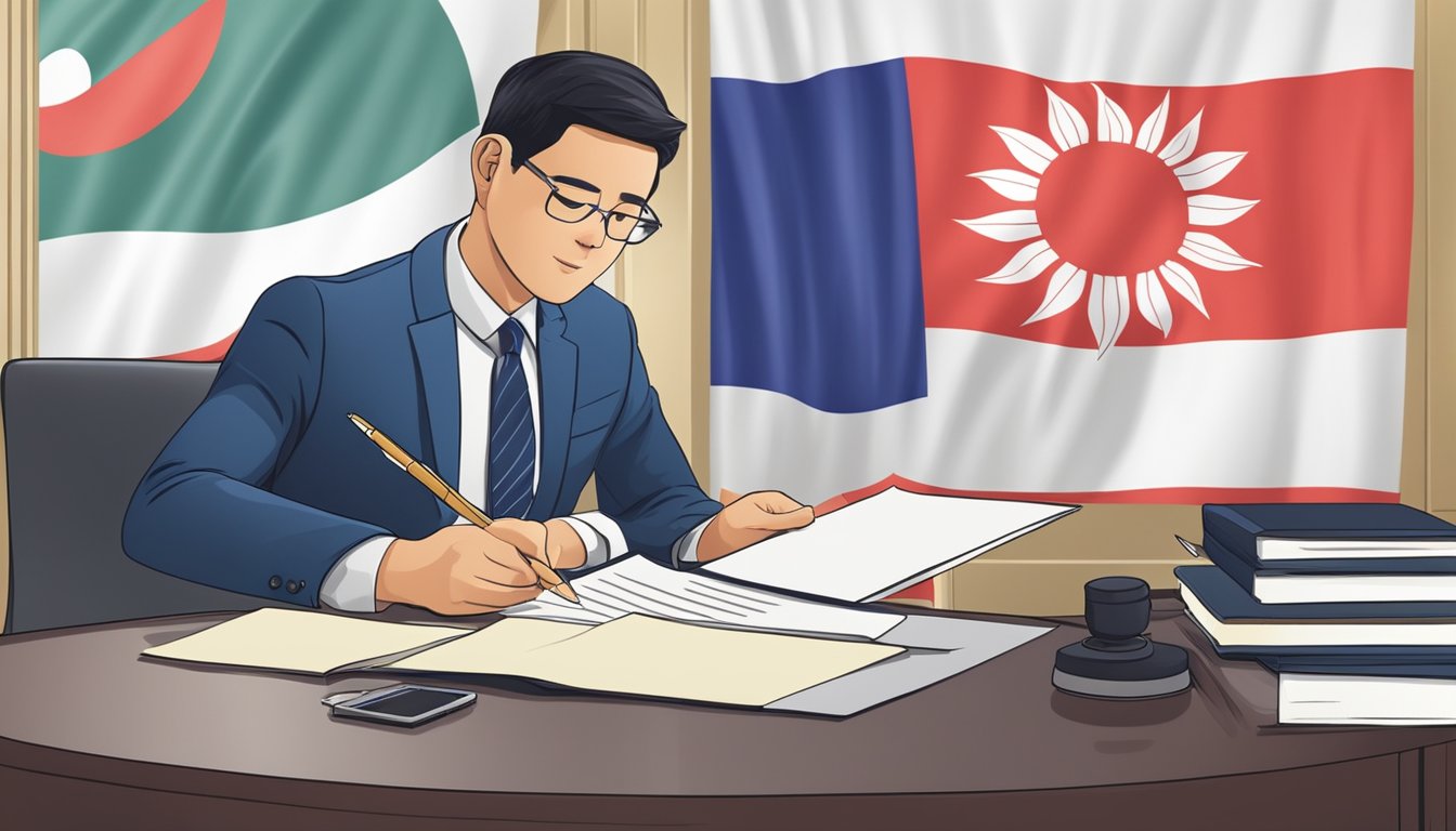 A businessman signing a loan agreement with a Singaporean flag in the background