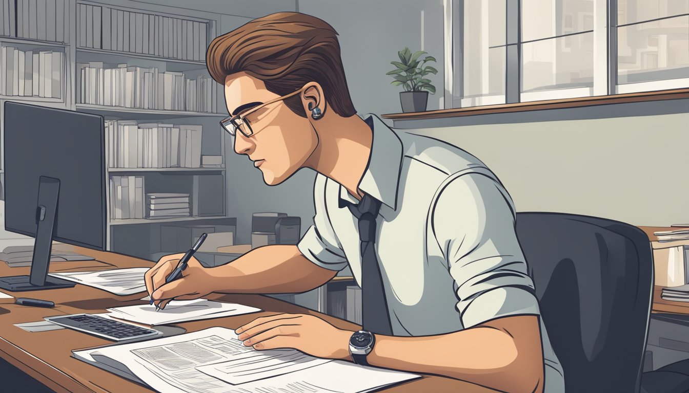 A business owner sits at a desk, reviewing documents and financial statements. A laptop and calculator are on the table. The room is well-lit with natural light, creating a professional and focused atmosphere