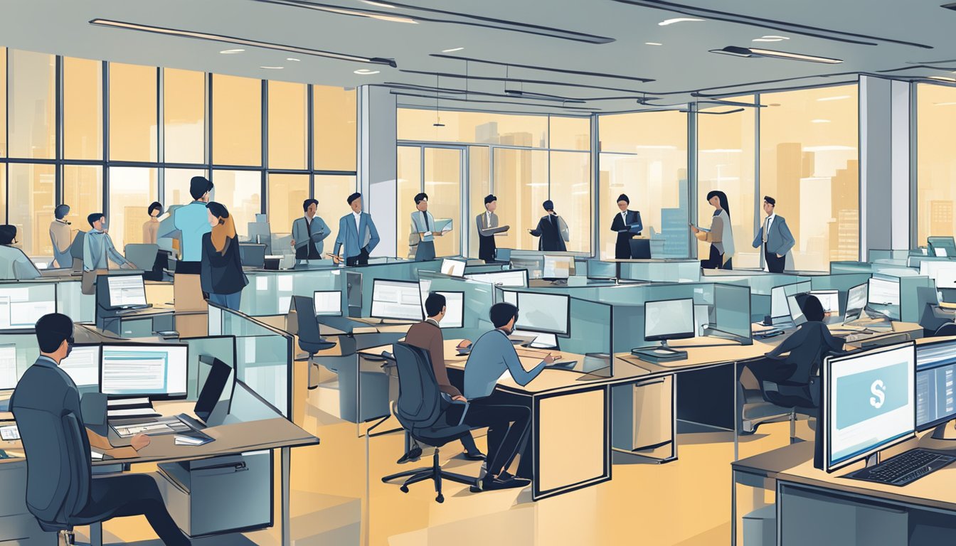 A bustling office with people discussing financial documents and charts, a computer screen displaying the SingFinance.com.sg website, and a prominent sign reading "Business Loan SG Review."