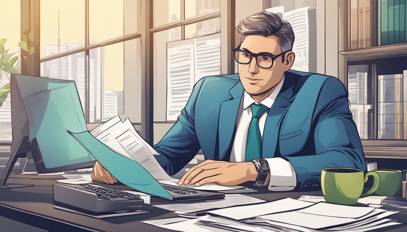 A businessman sitting at a desk, surrounded by financial documents and a laptop, speaking with a bank representative about a business loan