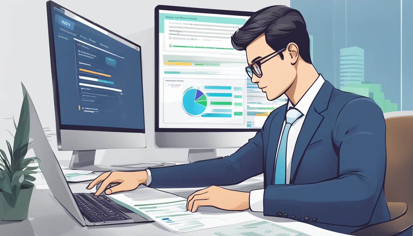 A businessman sits at a desk, filling out an application form for a business loan from SingFinance.com.sg. The computer screen displays positive reviews of the company's loan services